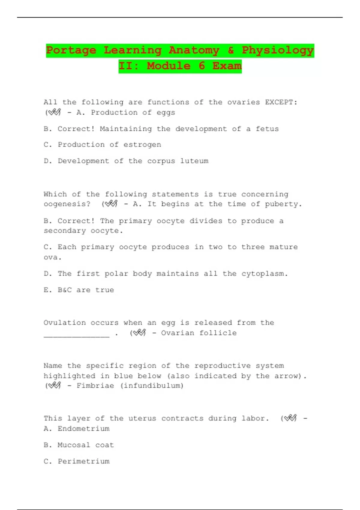 Portage Learning Anatomy & Physiology II Module 6 Exam Anatomy & Physiology II Module 6