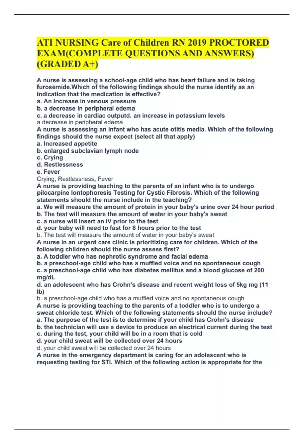 ATI NURSING Care of Children RN 2019 PROCTORED EXAM(COMPLETE QUESTIONS