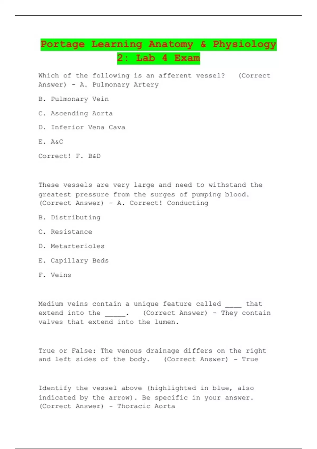 Portage Learning Anatomy & Physiology 2 Lab 4 Exam Anatomy