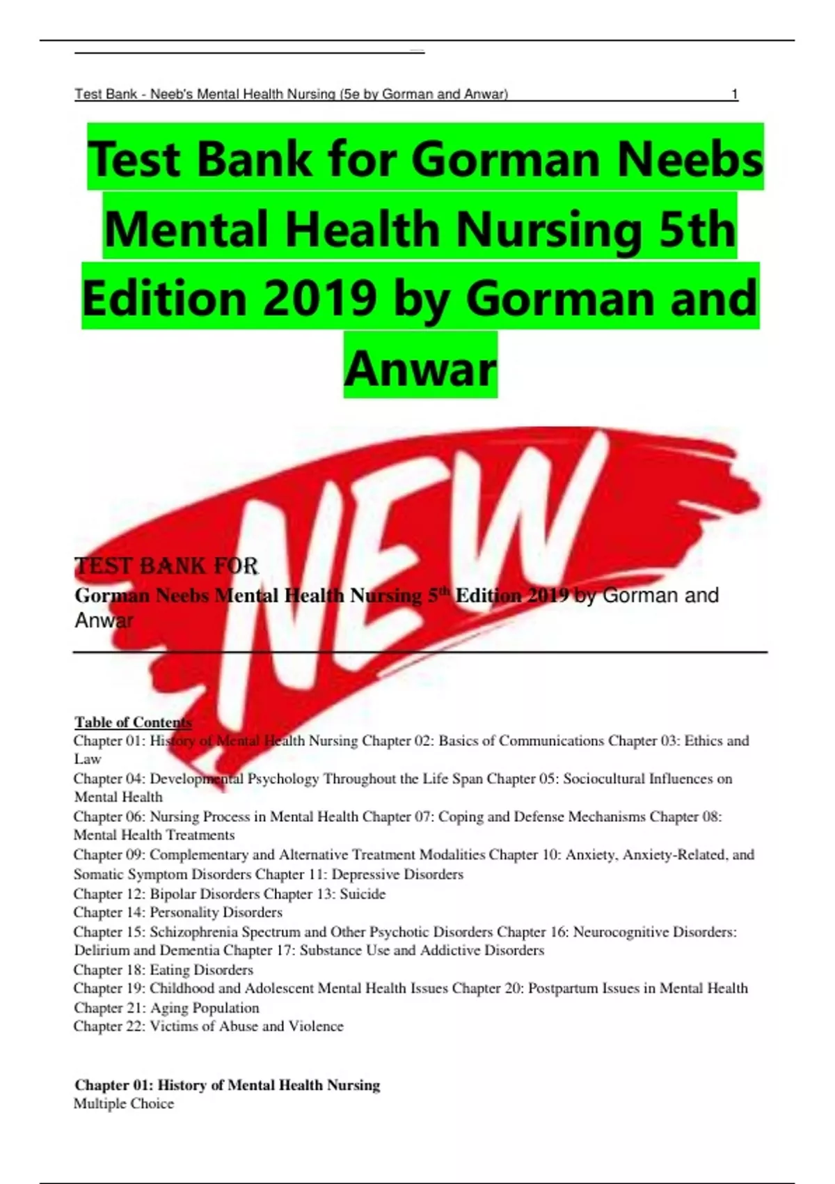 Test Bank for Gorman Neebs Mental Health Nursing 5th Edition 2019 by ...