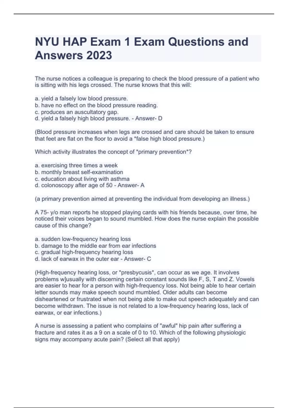 NYU HAP Exam 1 Exam Questions and Answers 2023 NYU HAP Stuvia US