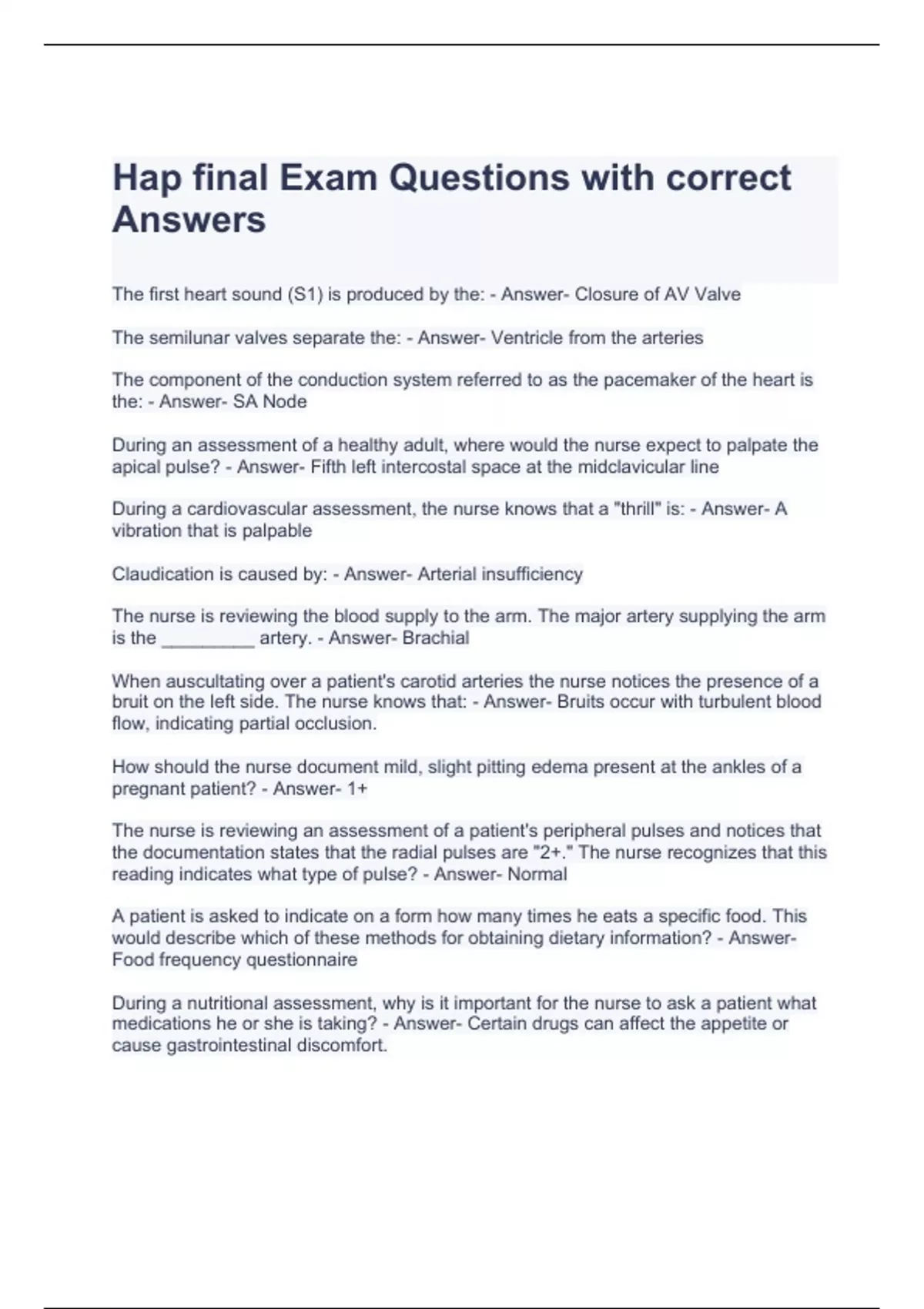 Hap final Exam Questions with correct Answers Hap Stuvia US