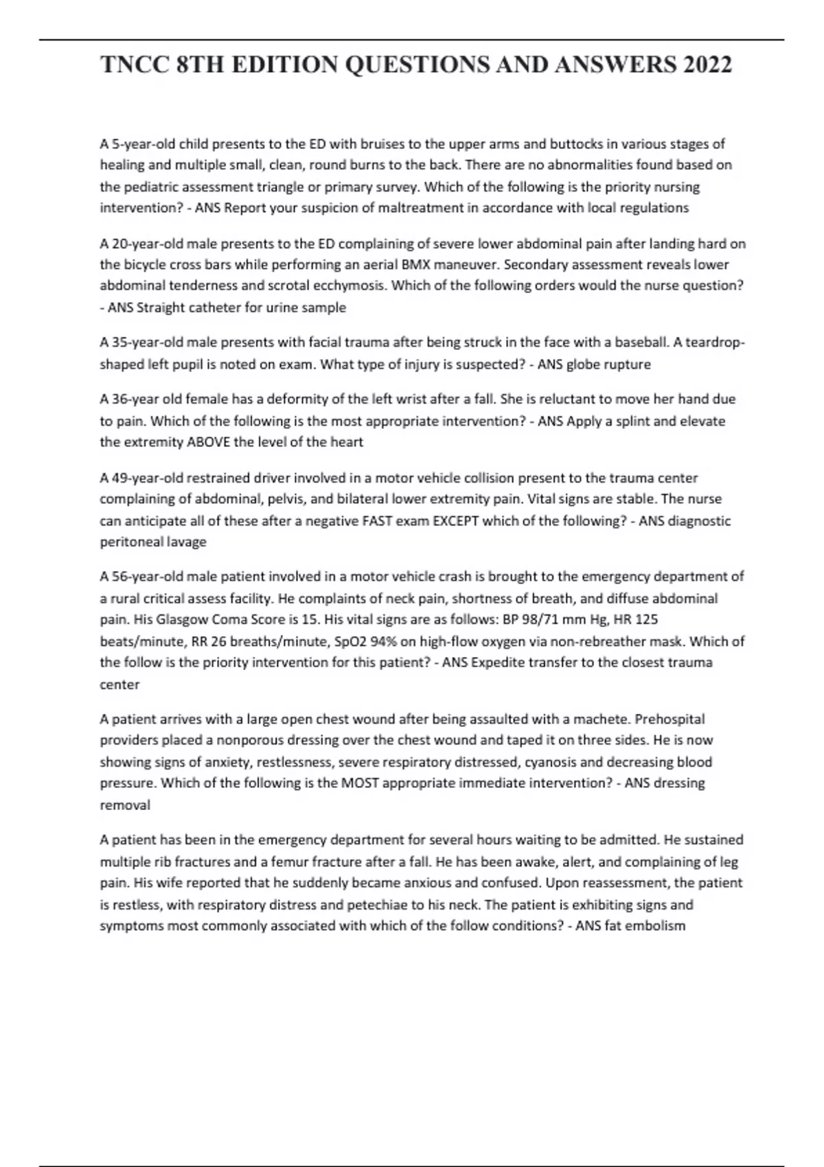 Tncc Questions TNCC 8TH EDITION QUESTIONS AND ANSWERS 2023 - BSN - Stuvia US