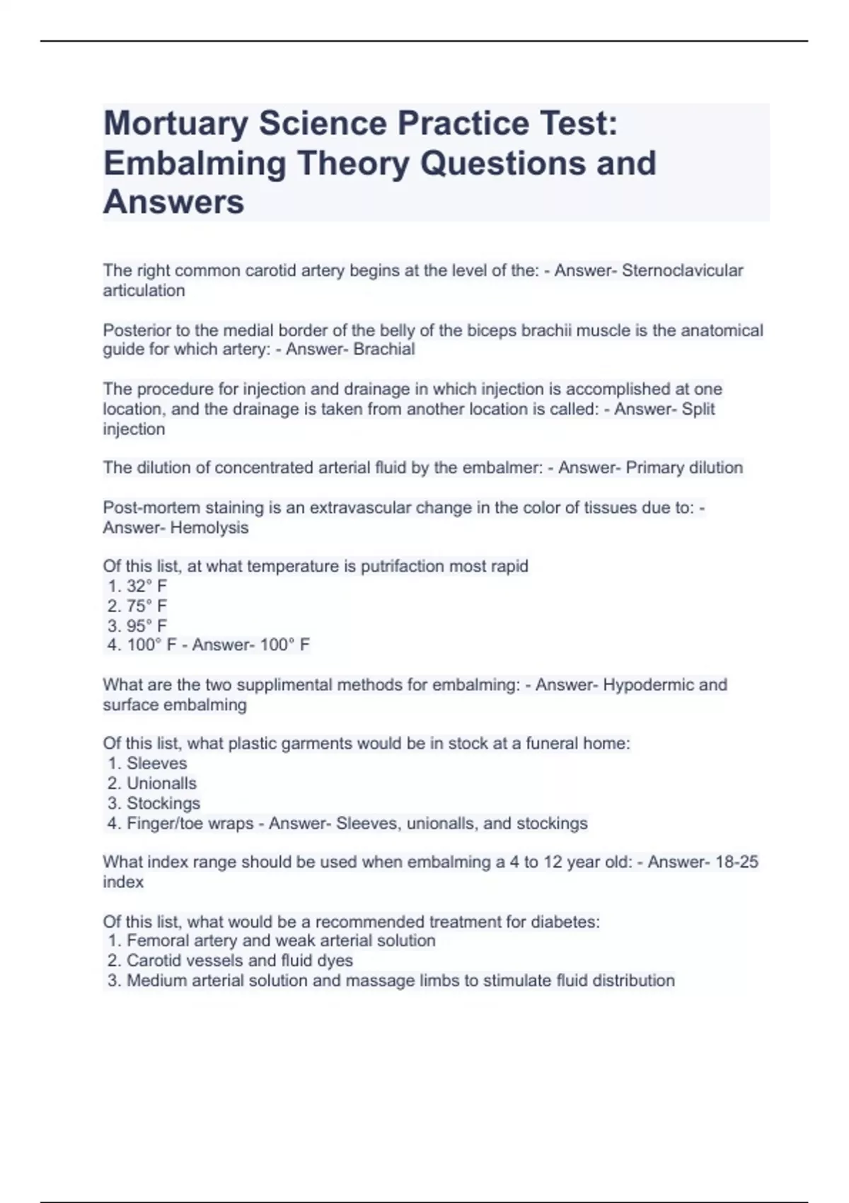 Mortuary Science Practice Test Embalming Theory Questions and Answers