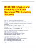 BHCS1006 Infection and Immunity 2018 Exam Questions With Complete Solutions 