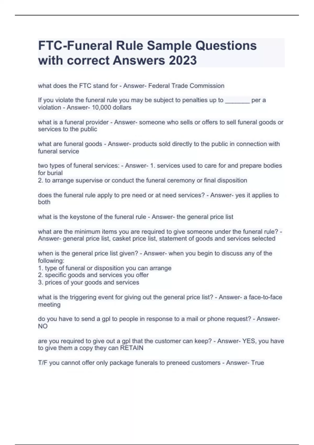 FTCFuneral Rule Sample Questions with correct Answers 2023 FTC