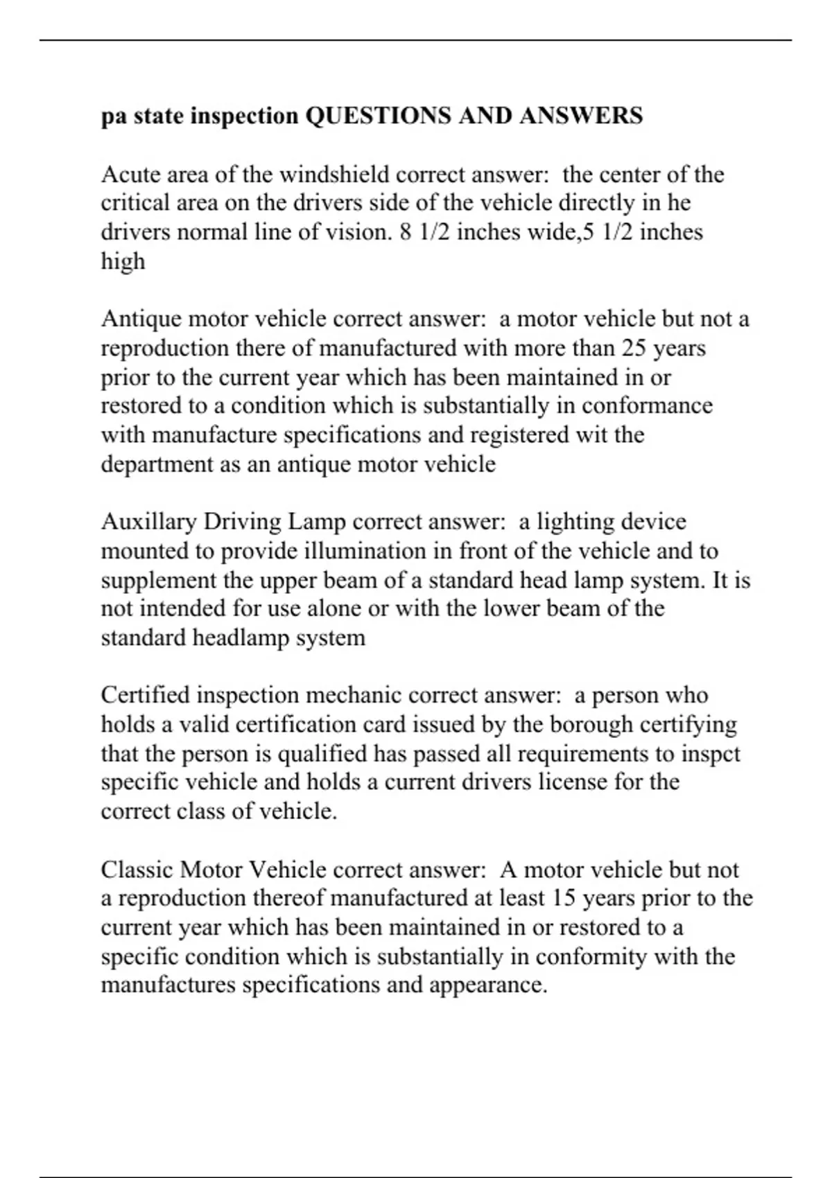 PA State Inspection TESTS COMPILATION BUNDLE Stuvia US