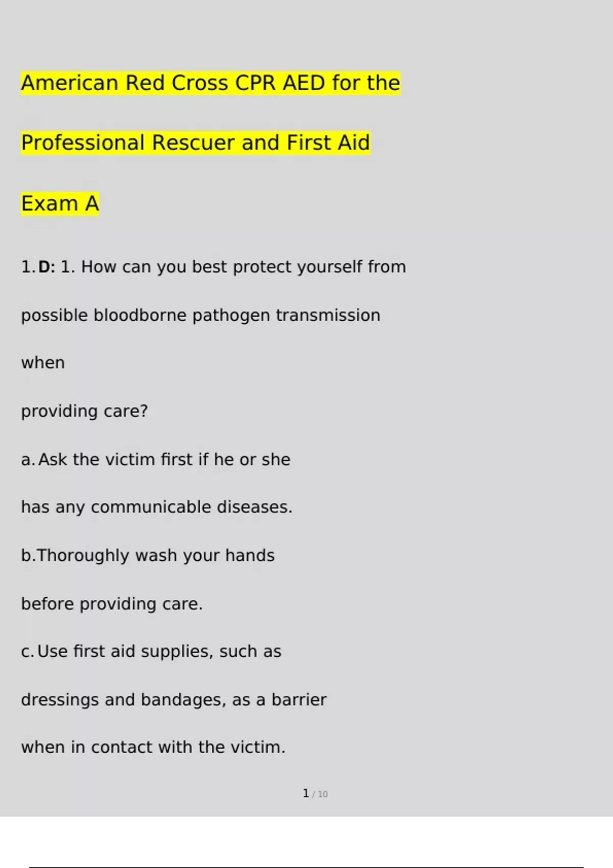 American Red Cross CPR AED for the Professional Rescuer and First Aid EXAM Questions and Answers