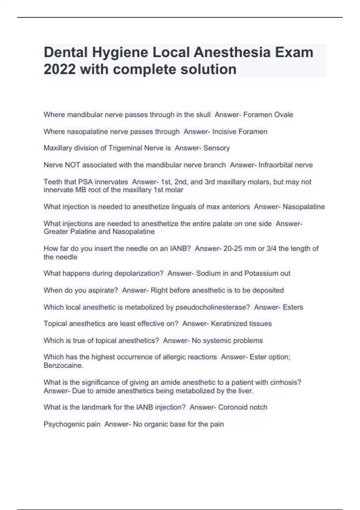 Dental Hygiene Local Anesthesia Exam 2022 with complete solution RN