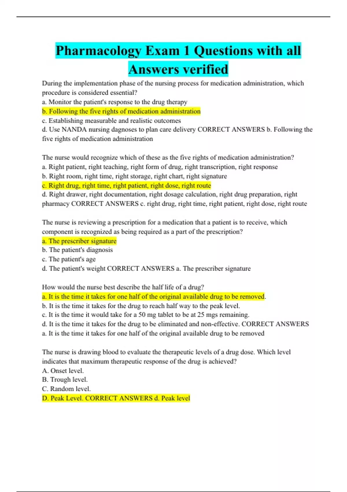 Pharmacology Exam 1 Questions with all Answers verified - Pharmacology ...