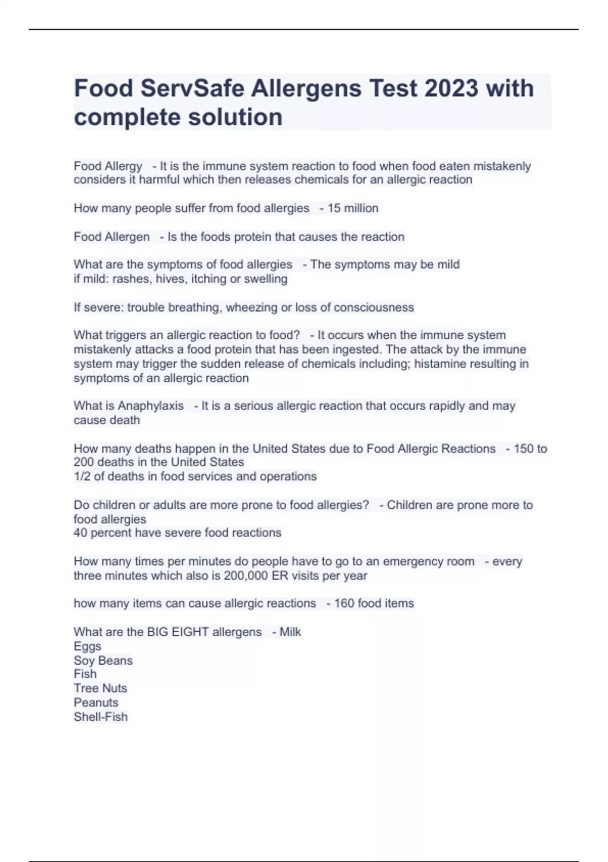 Food ServSafe Allergens Test 2023 with complete solution Food