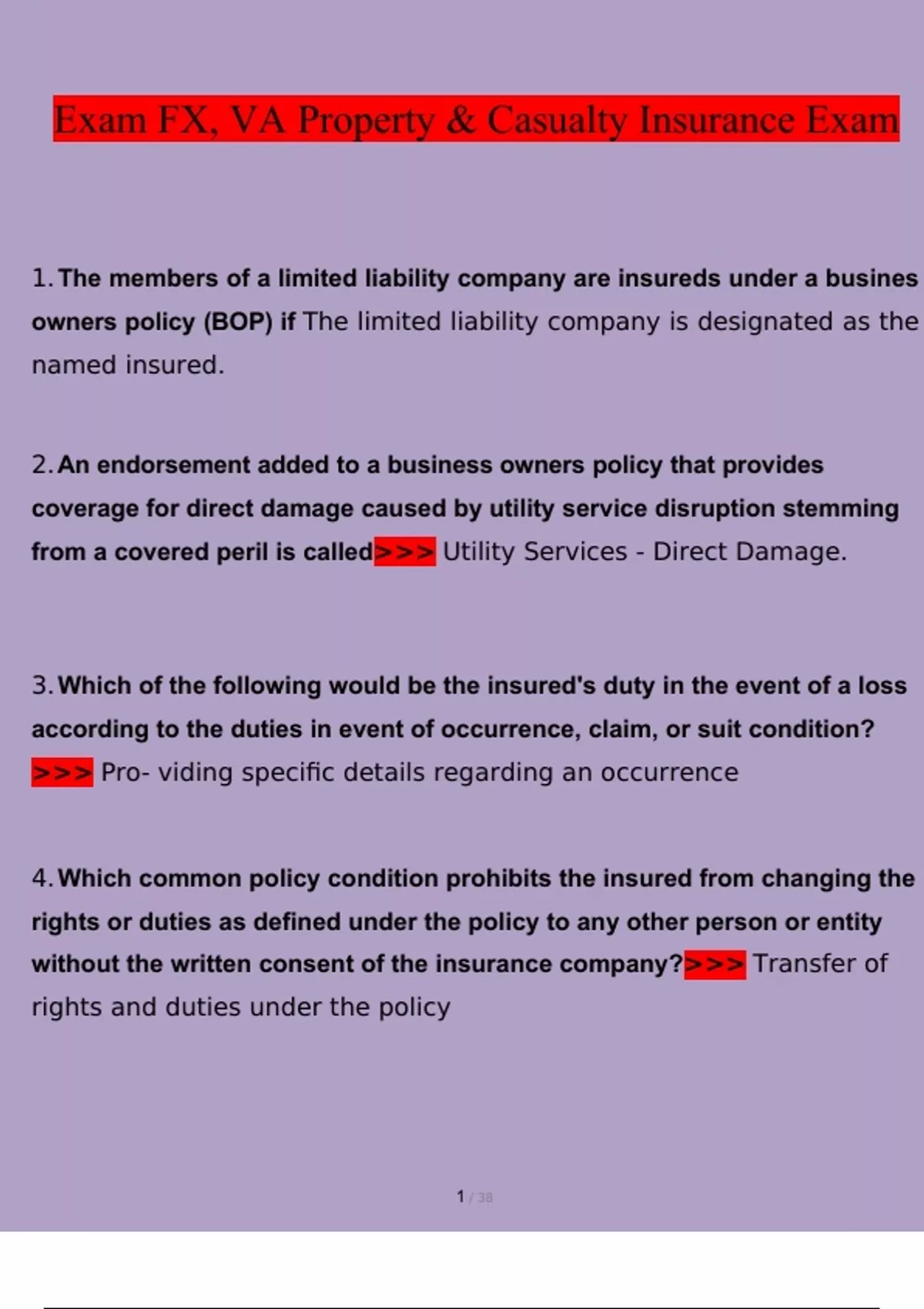 Exam FX, VA Property & Casualty Insurance Exam. questions and answers ...