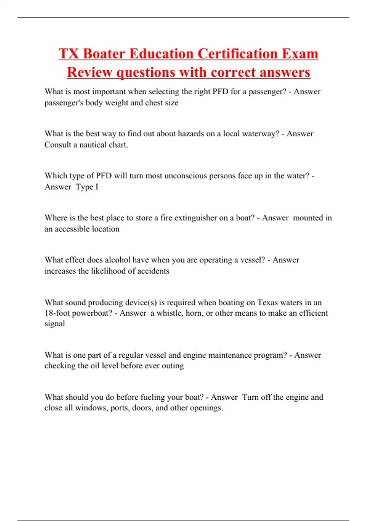 TX Boater Education Certification Exam Review questions with correct