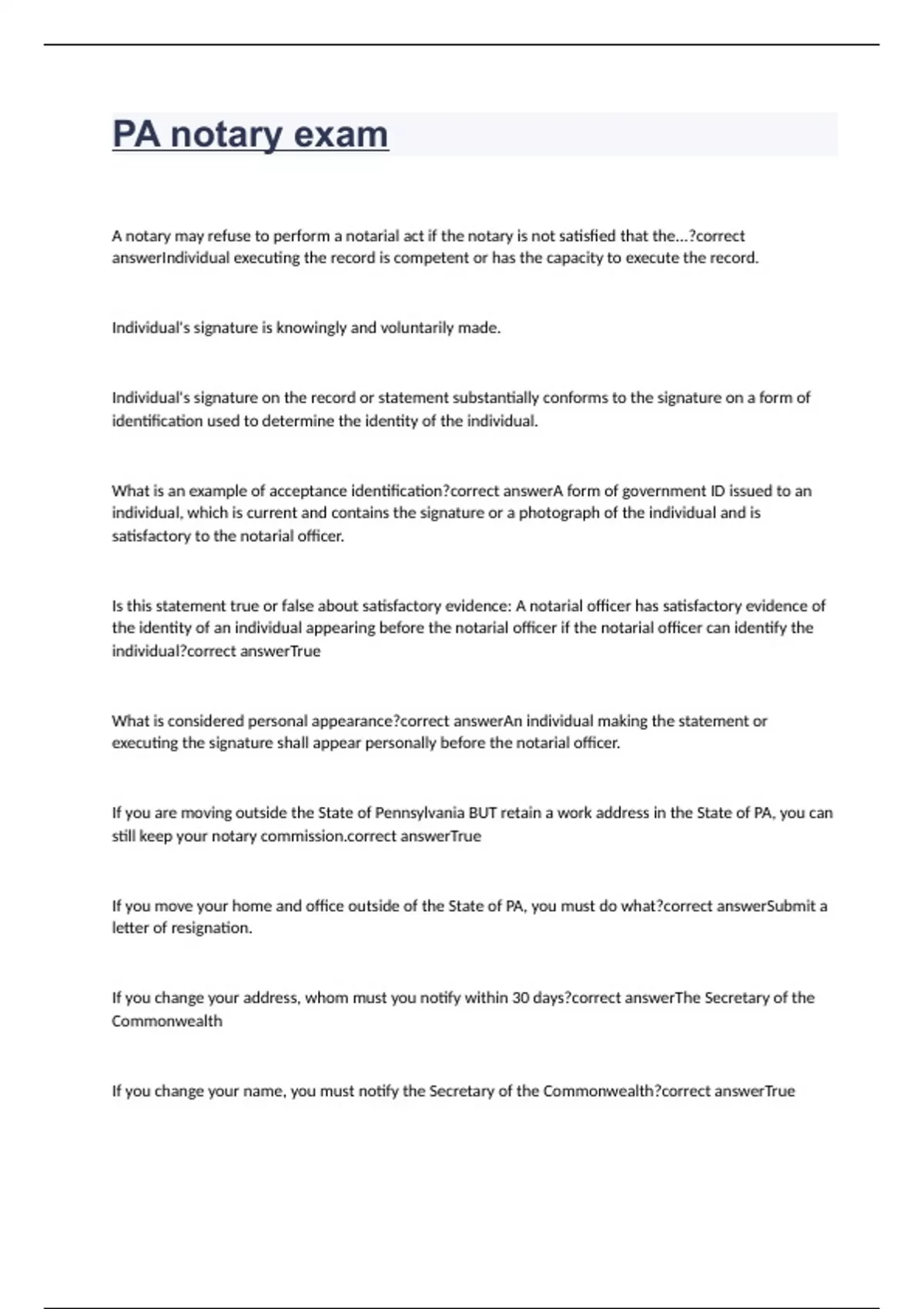 PA notary exam 2023 with correct and complete solutions PA NOTARY