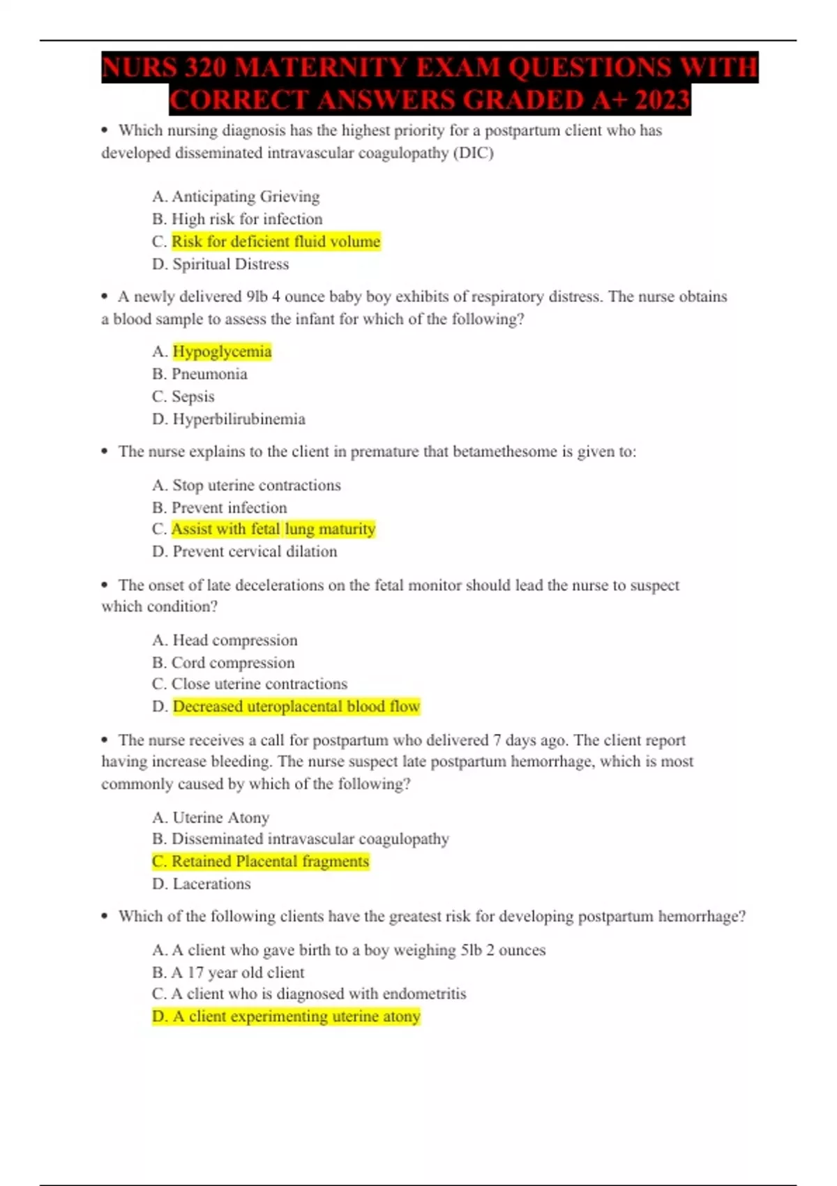 NURS 320 MATERNITY EXAM QUESTIONS WITH CORRECT ANSWERS GRADED A+ 2023 ...