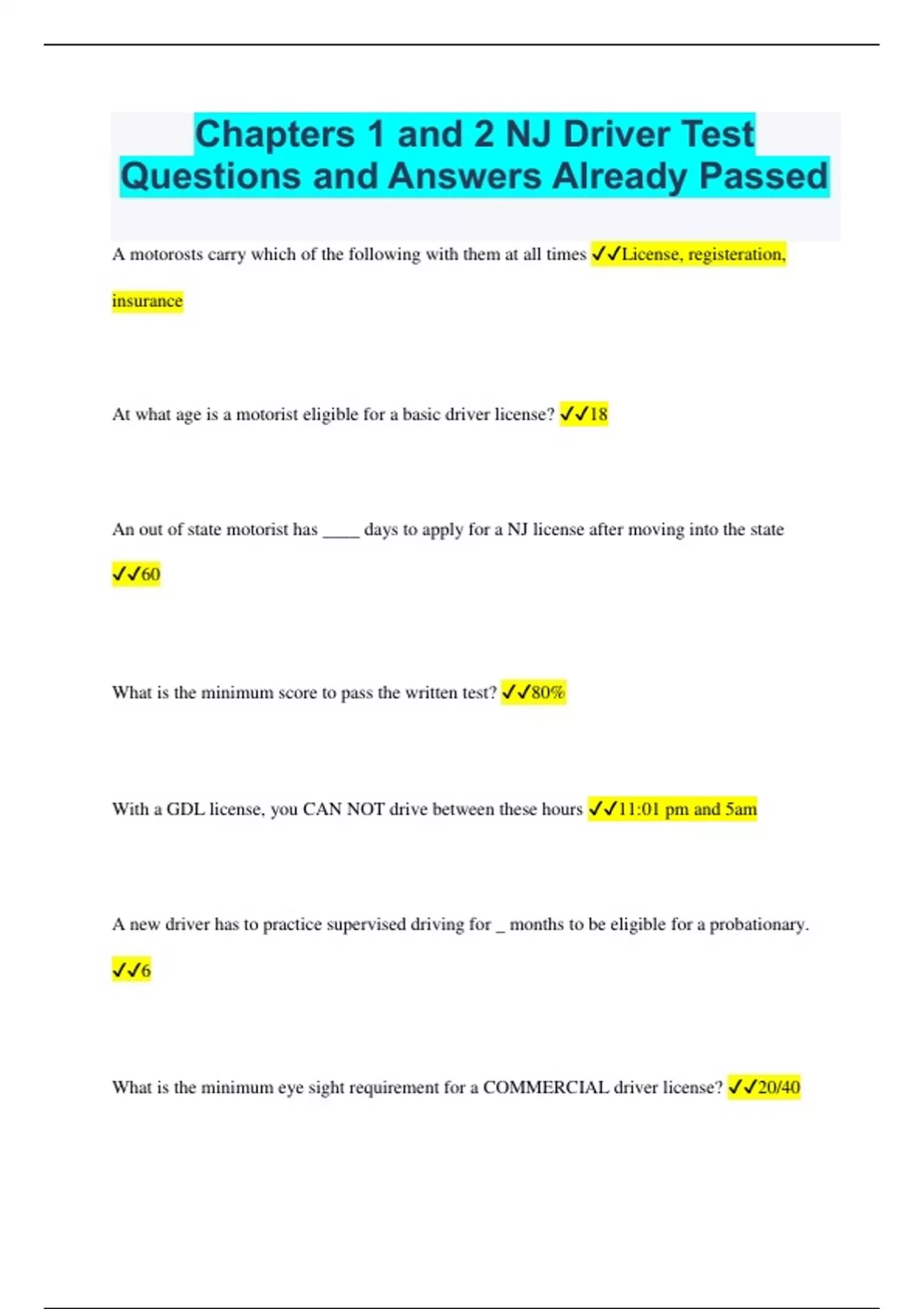 Chapters 1 and 2 NJ Driver Test Questions and Answers Already Passed