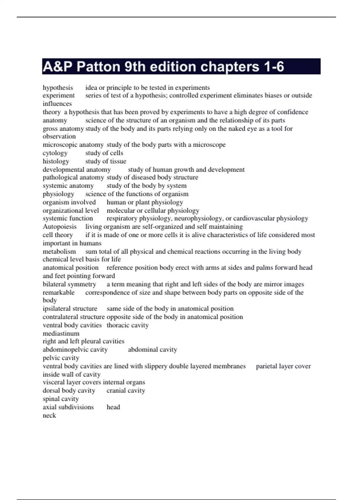 Anatomy and Physiology 9th Edition by Patton chapters 1-6 - Cell ...