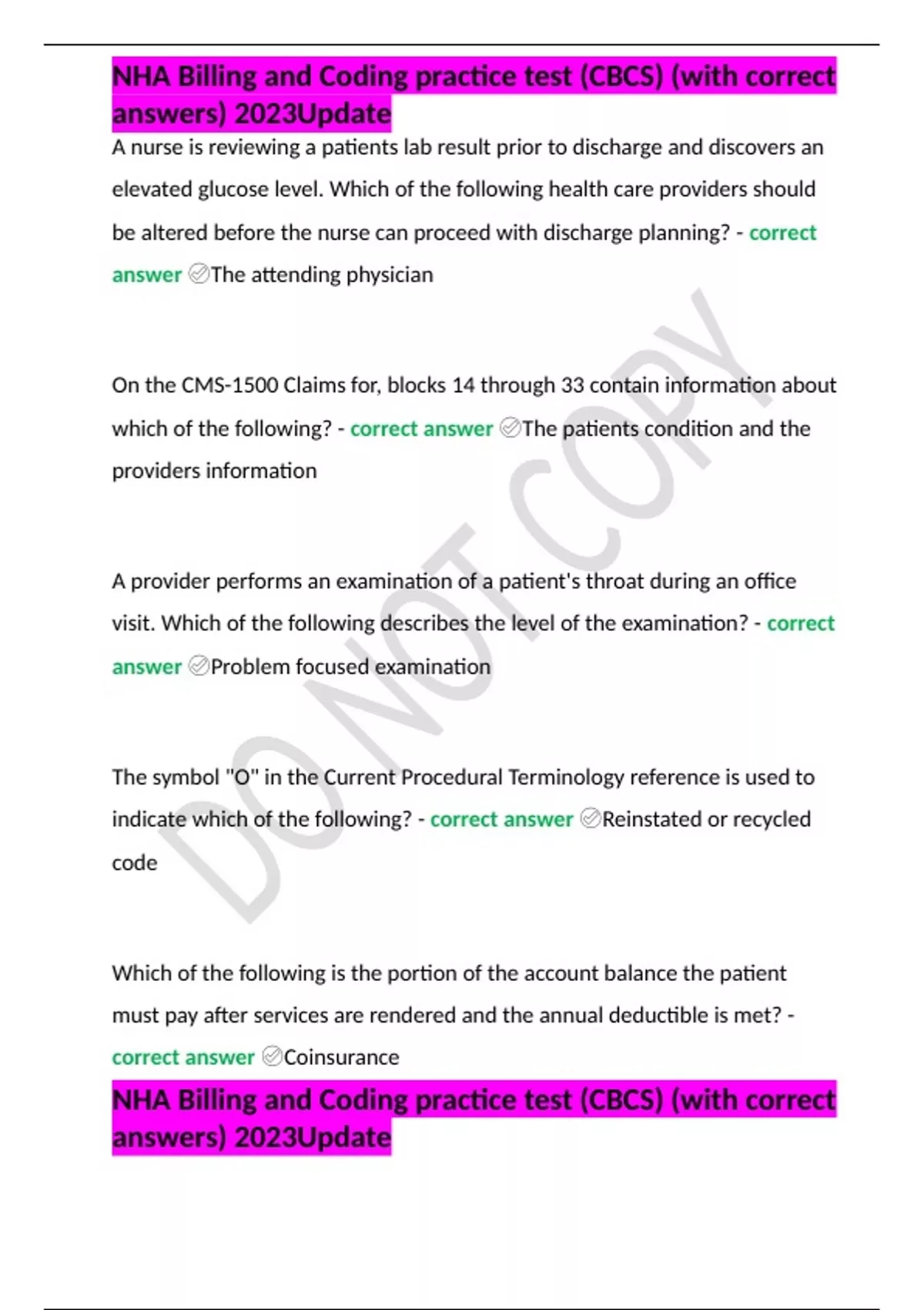 NHA Billing and Coding practice test (CBCS) (with correct answers