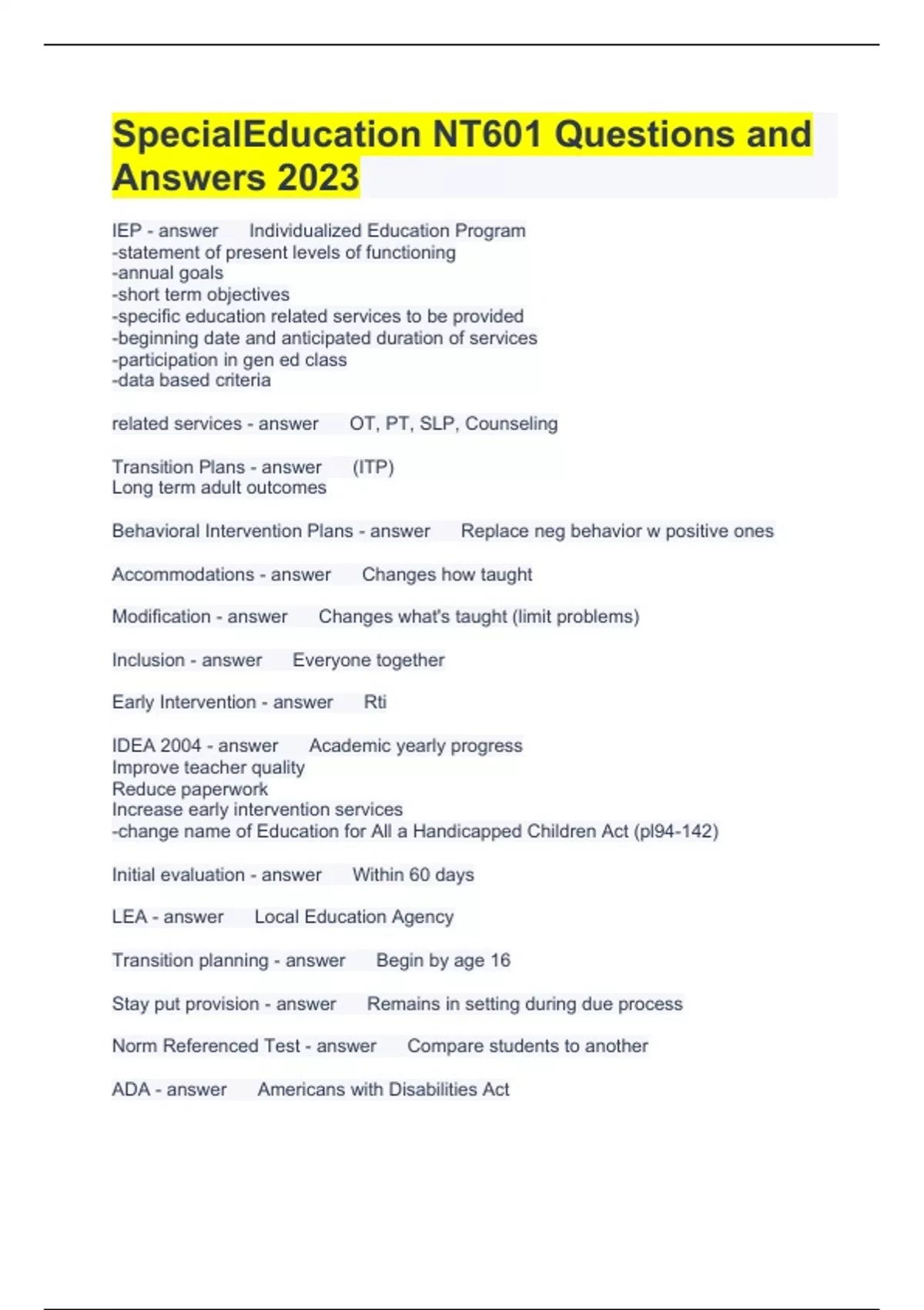 SpecialEducation NT601 Questions and Answers 2023 - Nes special ...