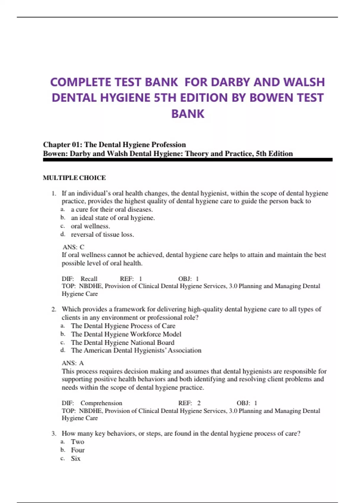 COMPLETE TEST BANK FOR DARBY AND WALSH DENTAL HYGIENE 5TH EDITION BY ...