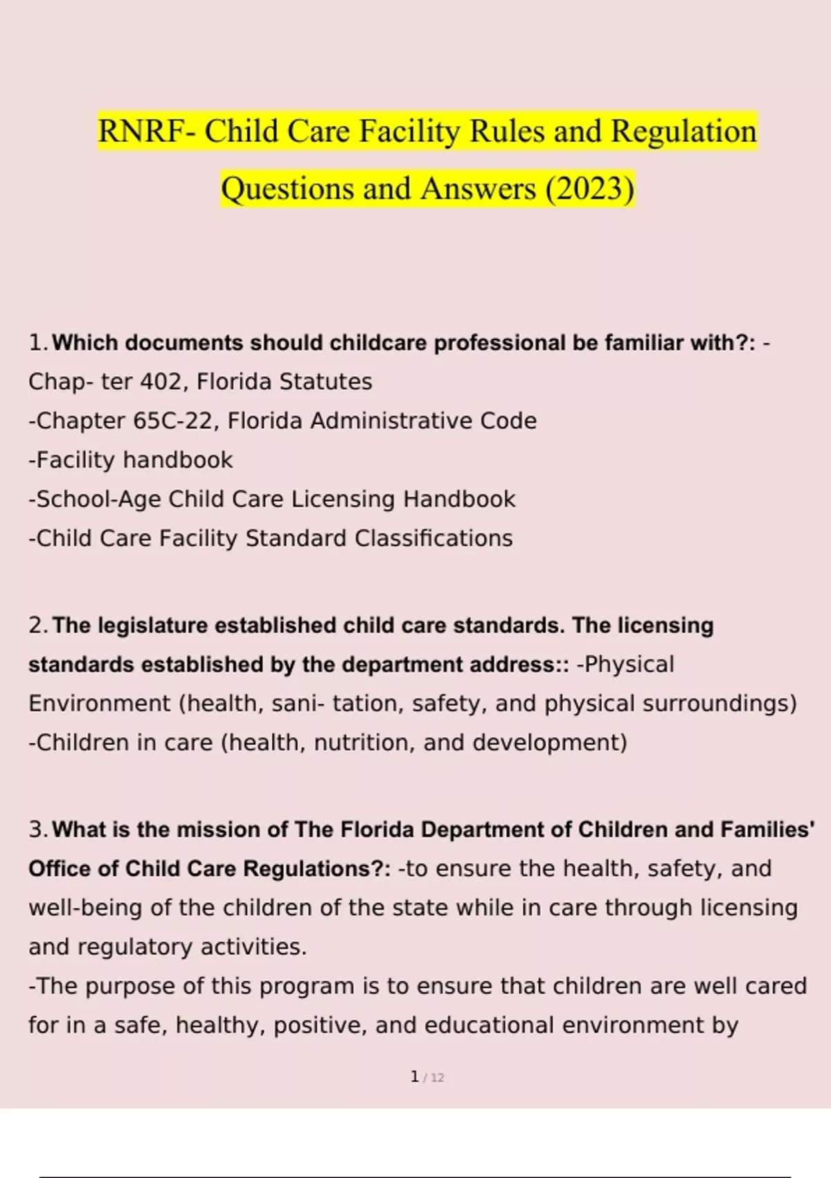 RNRF Child Care Facility Rules and Regulation Questions With Verified