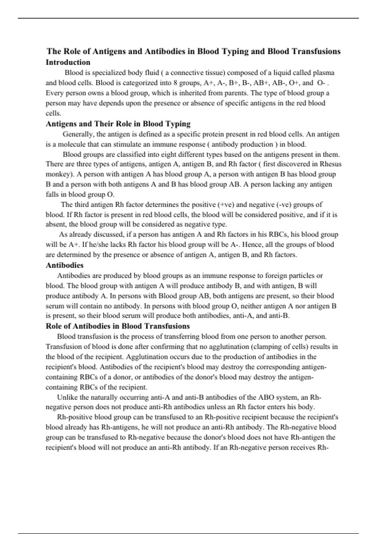 Role of antigens and antibodies in blood types and Transfusions