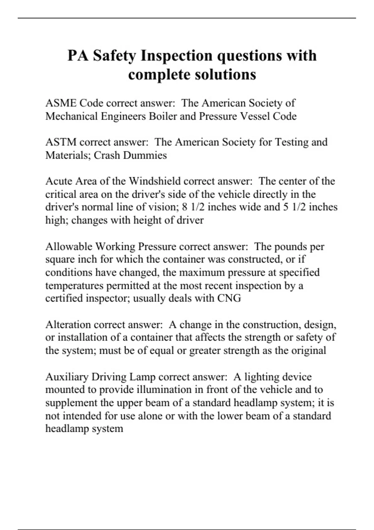 PA Safety Inspection questions with complete solutions Safety