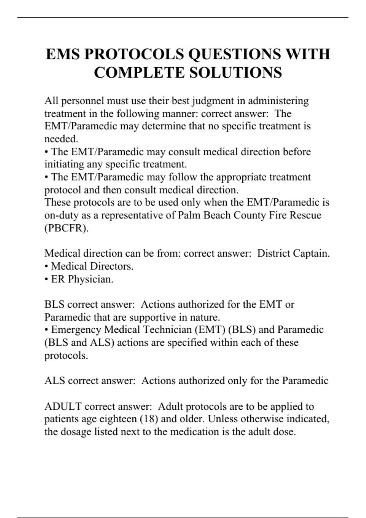 EMS PROTOCOLS QUESTIONS WITH COMPLETE SOLUTIONS EMS PROTOCOLS Stuvia US