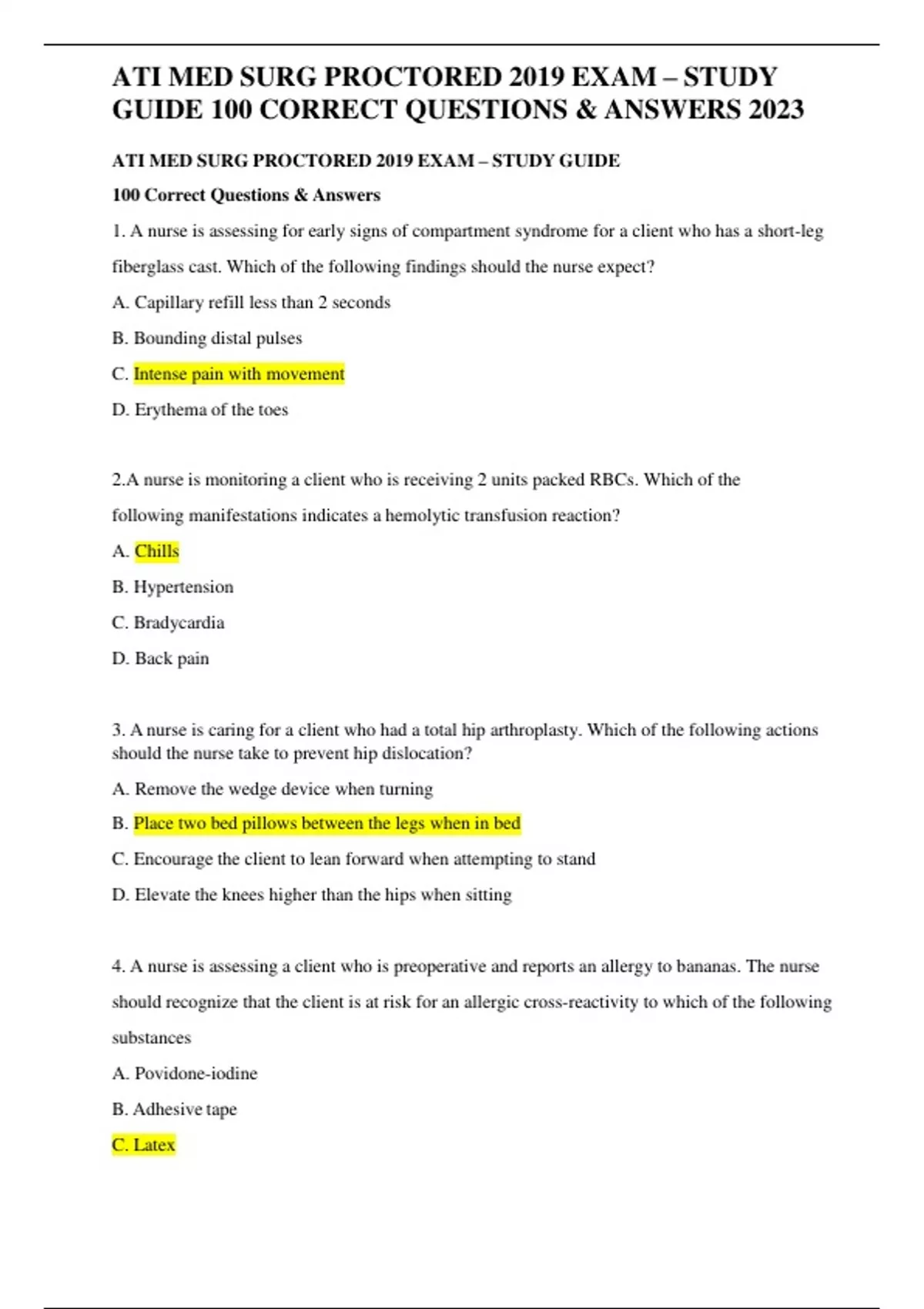 ATI MED SURG PROCTORED 2019 EXAM – STUDY GUIDE 100 CORRECT QUESTIONS ...