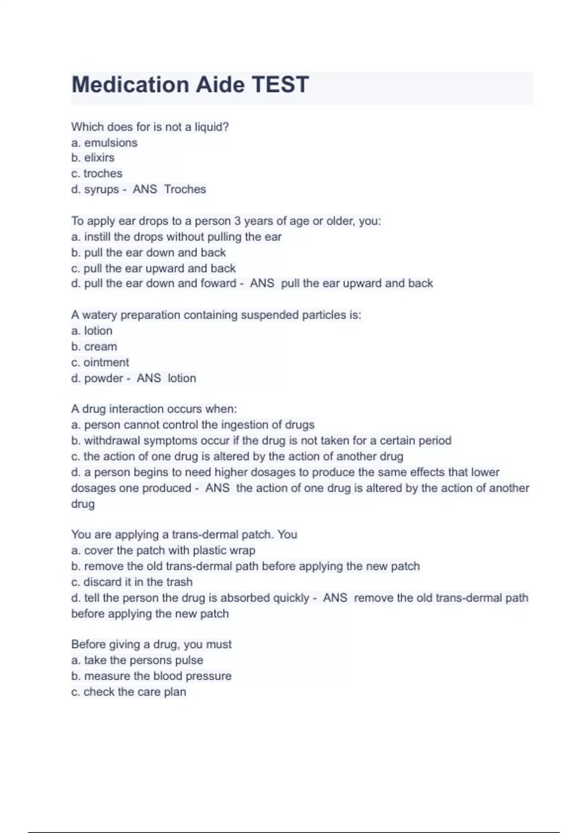 Medication Aide TEST Questions With Correct Answers 100 Verified