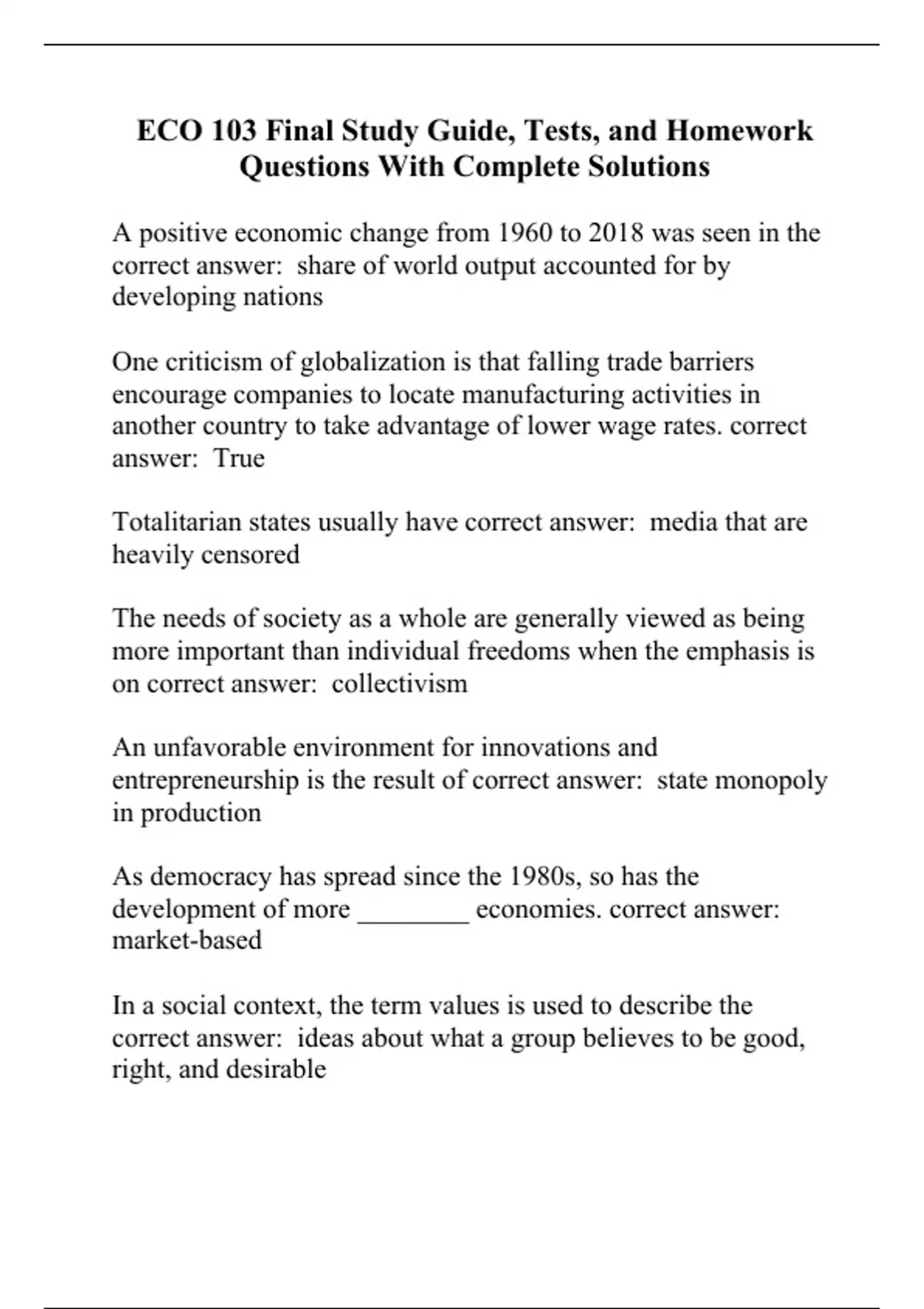 ECO 103 Final Study Guide, Tests, and Homework Questions With Complete ...