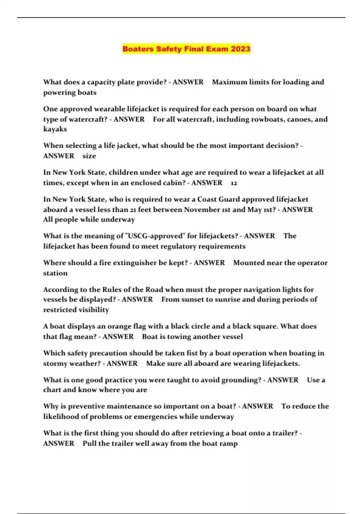 Boaters Safety Final Exam 2023 Boaters Safety Stuvia US