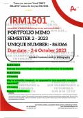 IRM1501 PORTFOLIO MEMO - OCT./NOV. 2023 - SEMESTER 2 - UNISA - UNIQUE NUMBER:- 863366 - DUE 6 OCTOBER 2023 - DETAILED ANSWERS WITH FOOTNOTES & BIBLIOGRAPHY- DISTINCTION GUARANTEED! 