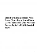 State Farm Independent Auto Exam &lpar;State Farm Auto Exam Cards&rpar; Questions with Answers Correctly Solved 2023 Graded 100&percnt;