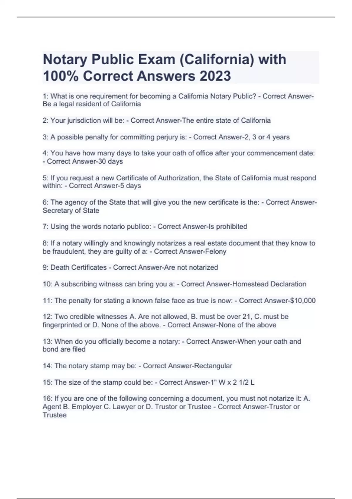 Notary Public Exam (California) with 100% Correct Answers 2023 ...