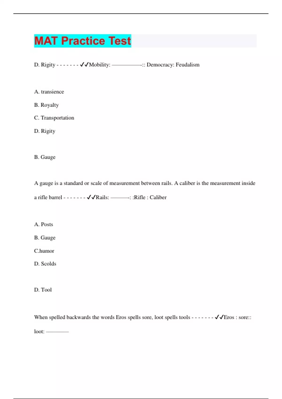 MAT Practice Test | 75 Questions with 100% Correct Answers | Verified ...