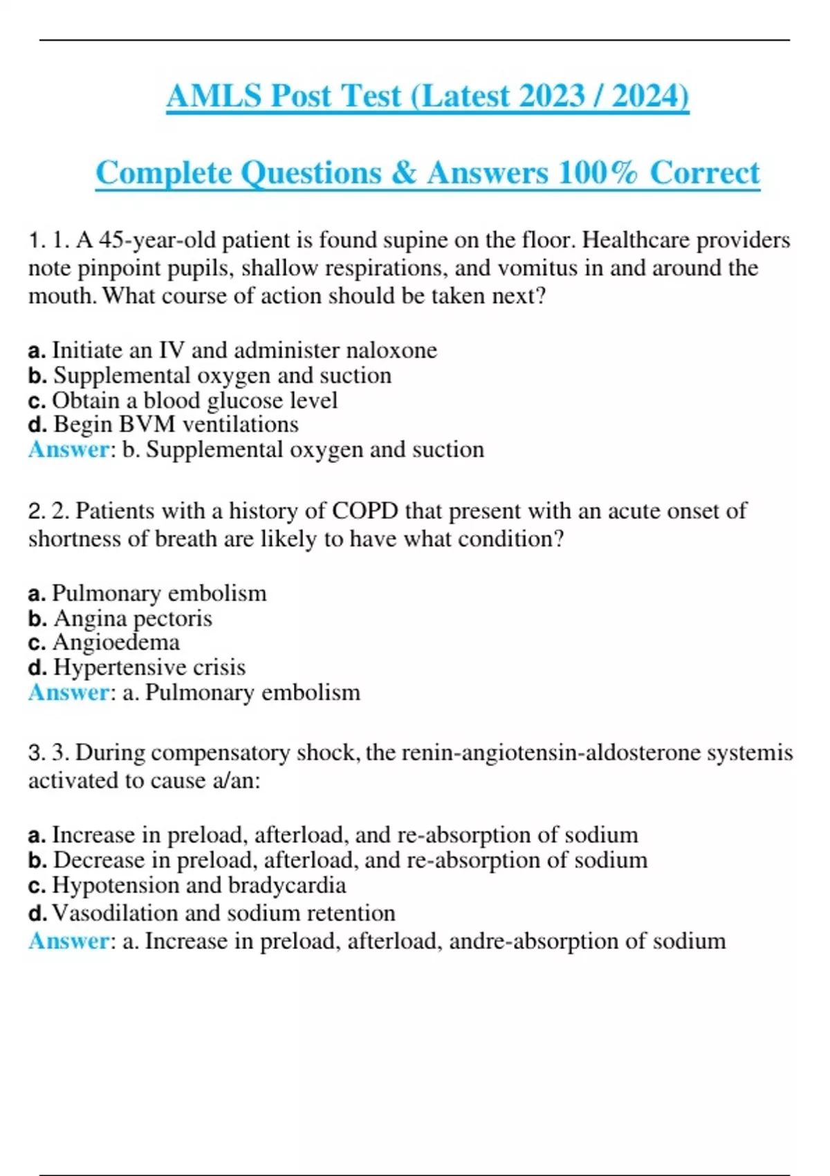 AMLS Post Test ( Latest 2024 / 2025 ) Complete Questions &amp; Answers 100% Correct - AMLS - Stuvia US