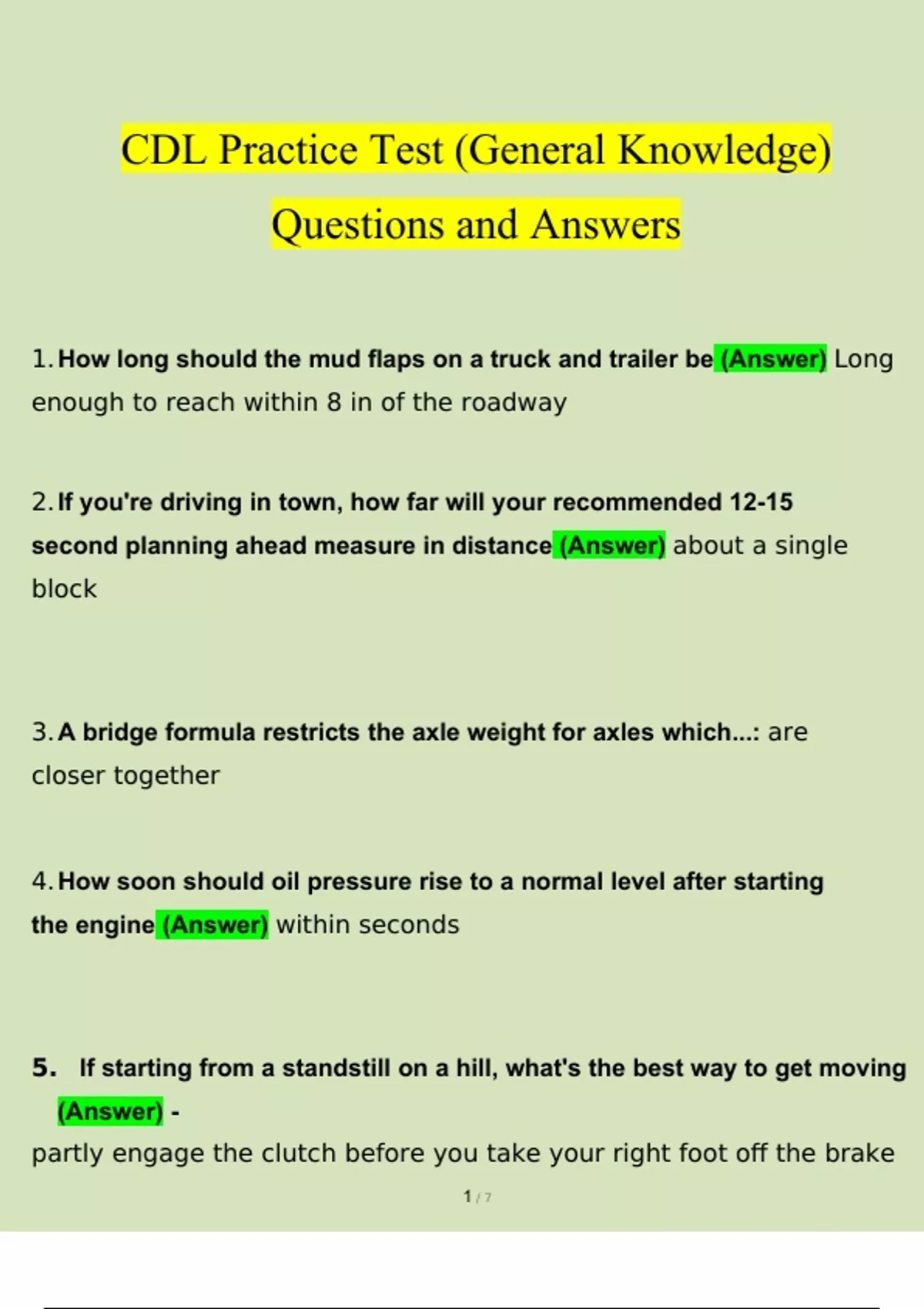 CDL General Knowledge Practice Test Questions and Answers 2023