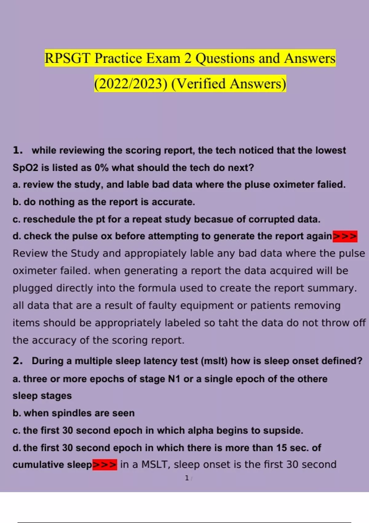 RPSGT Practice Exam 2. Questions and Answers (Verified Answers) RPSGT