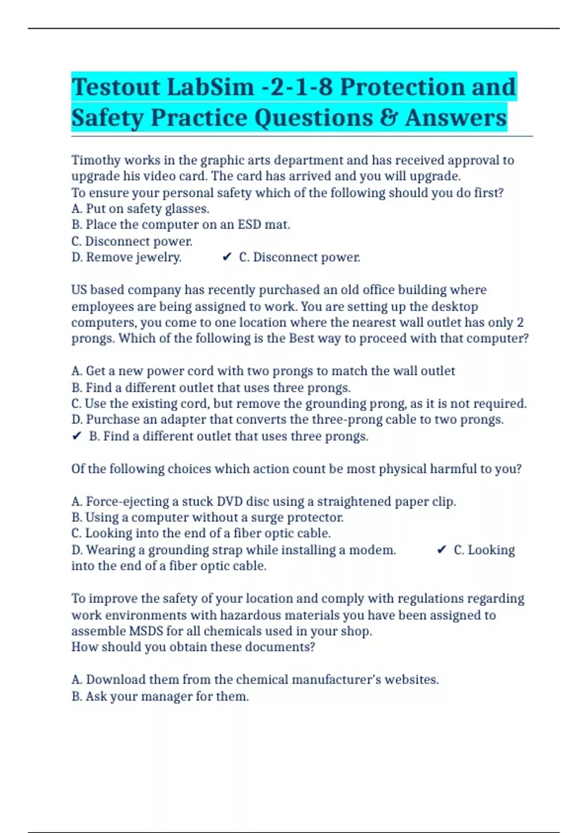 Testout LabSim 218 Protection and Safety Practice Questions