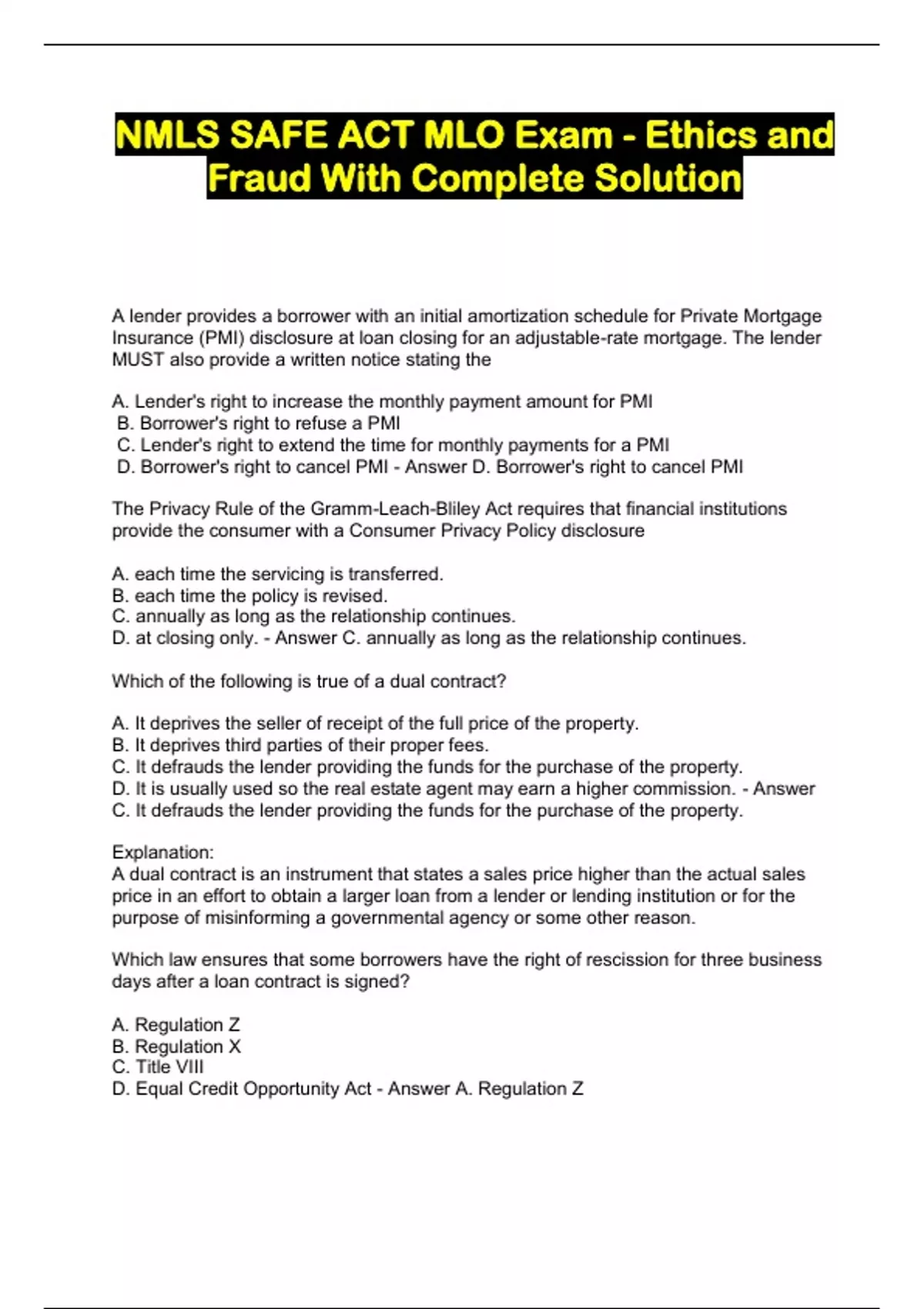 NMLS SAFE ACT MLO Exam Ethics and Fraud With Complete Solution NMLS