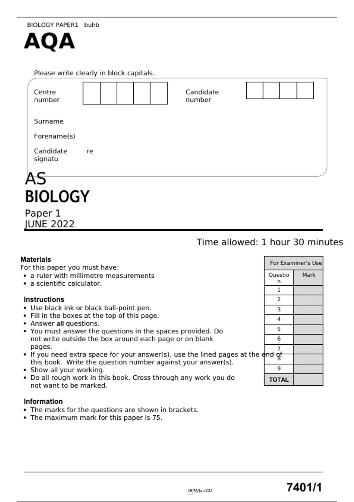 AQA AS Biology paper 1 June 2022 question paper and mark scheme - Stuvia US