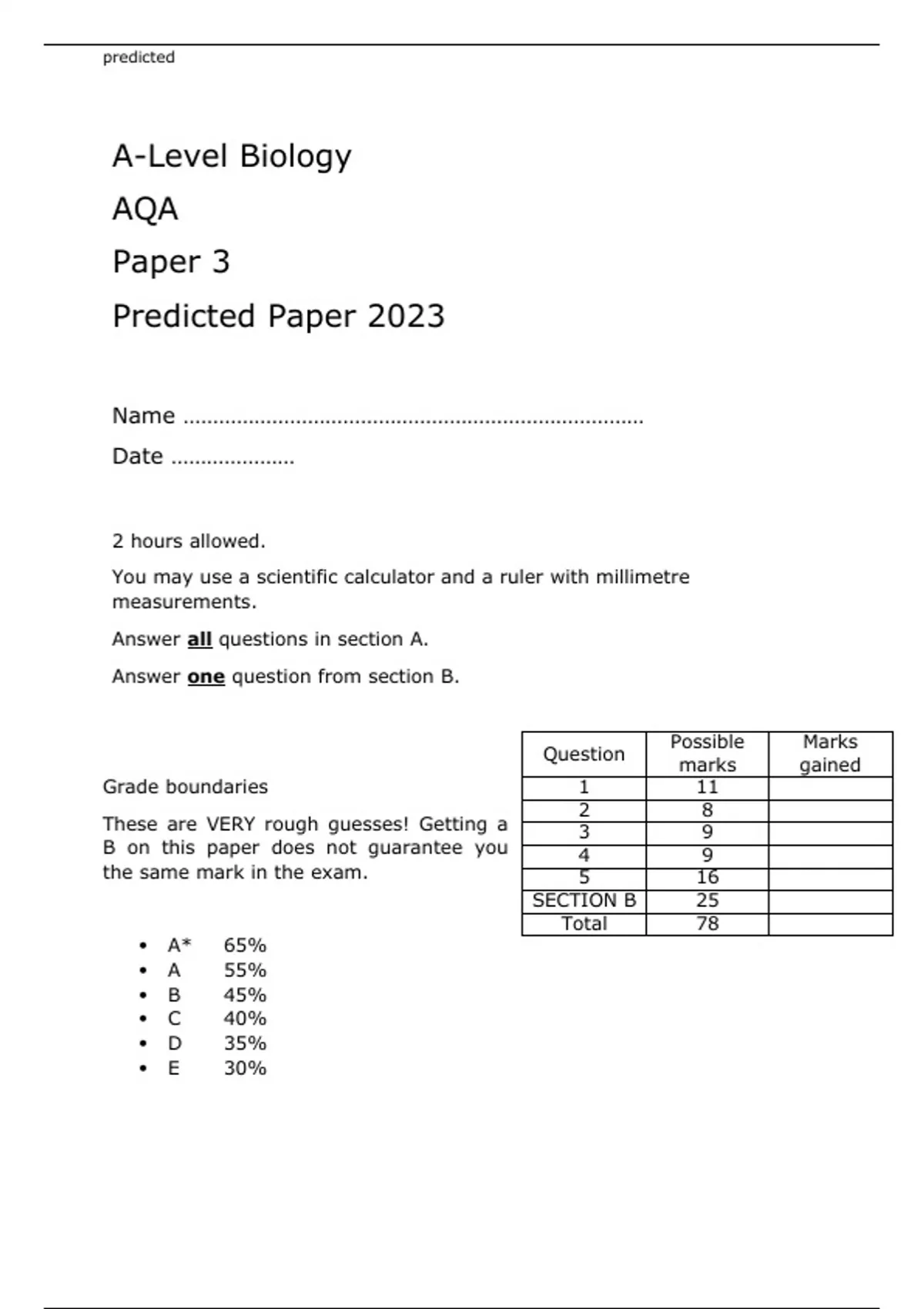 AQA A Level Biology Paper 3 Predicted Paper 2023 Attached With Mark