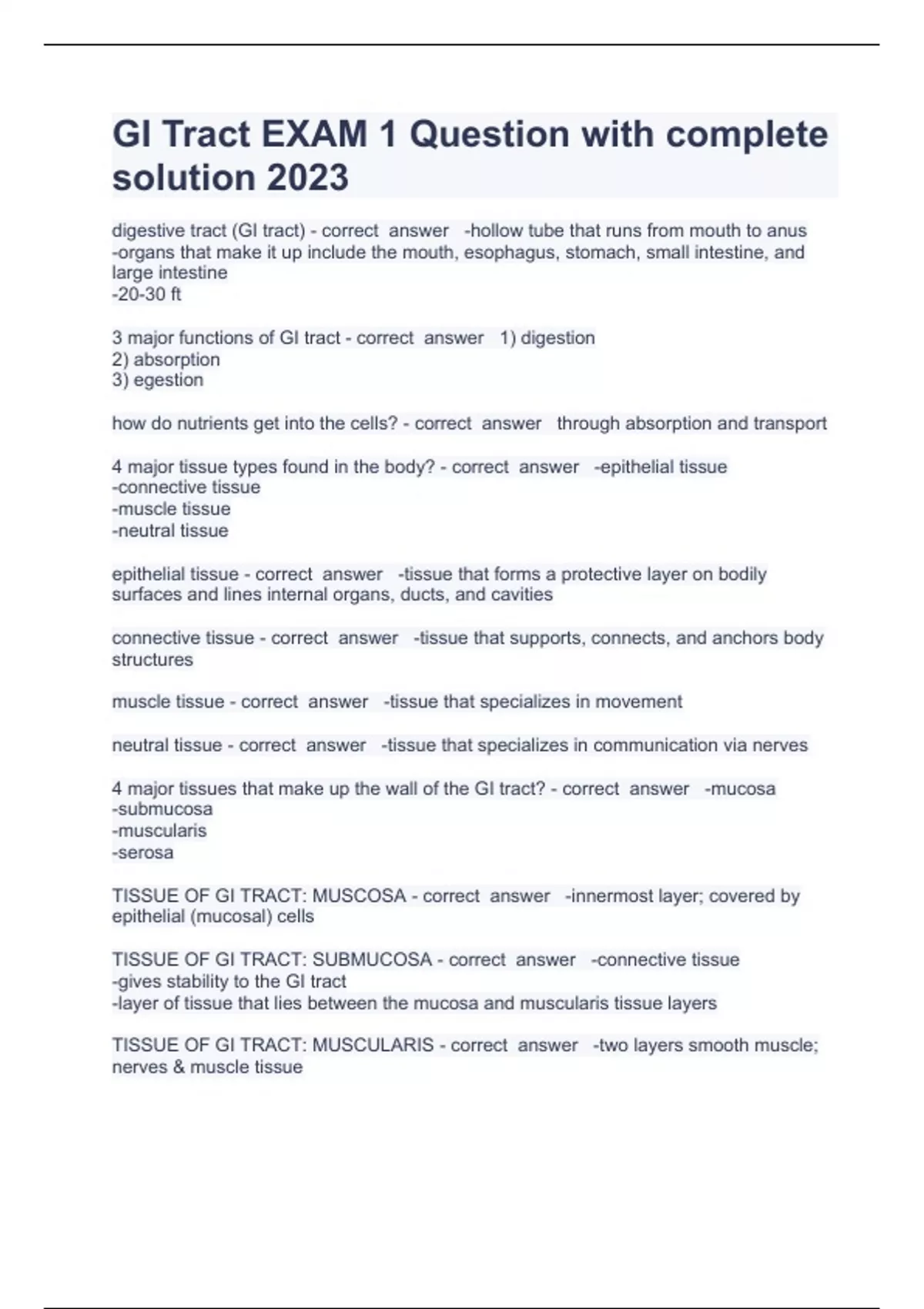 GI Tract EXAM 1 Question with complete solution 2023 - GI Tract - Stuvia US