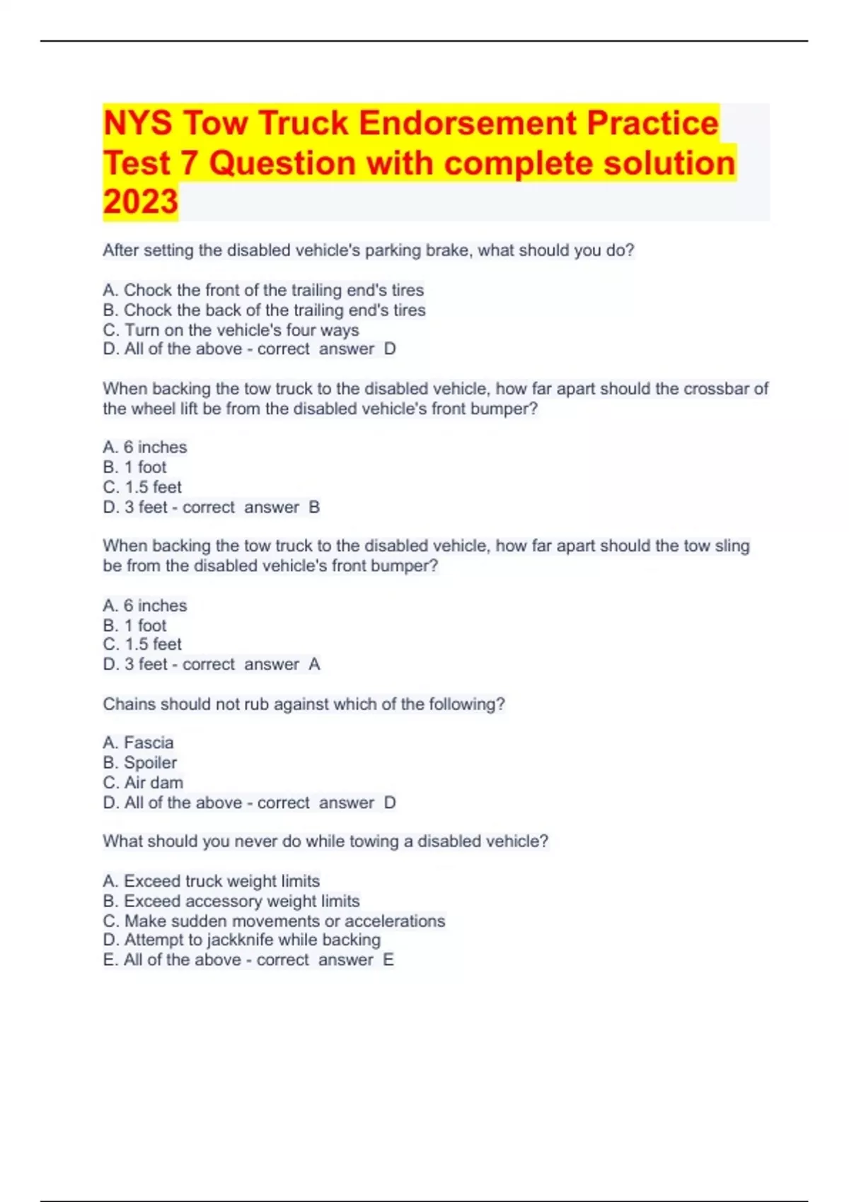 NYS Tow Truck Endorsement Practice Test 7 Question with complete