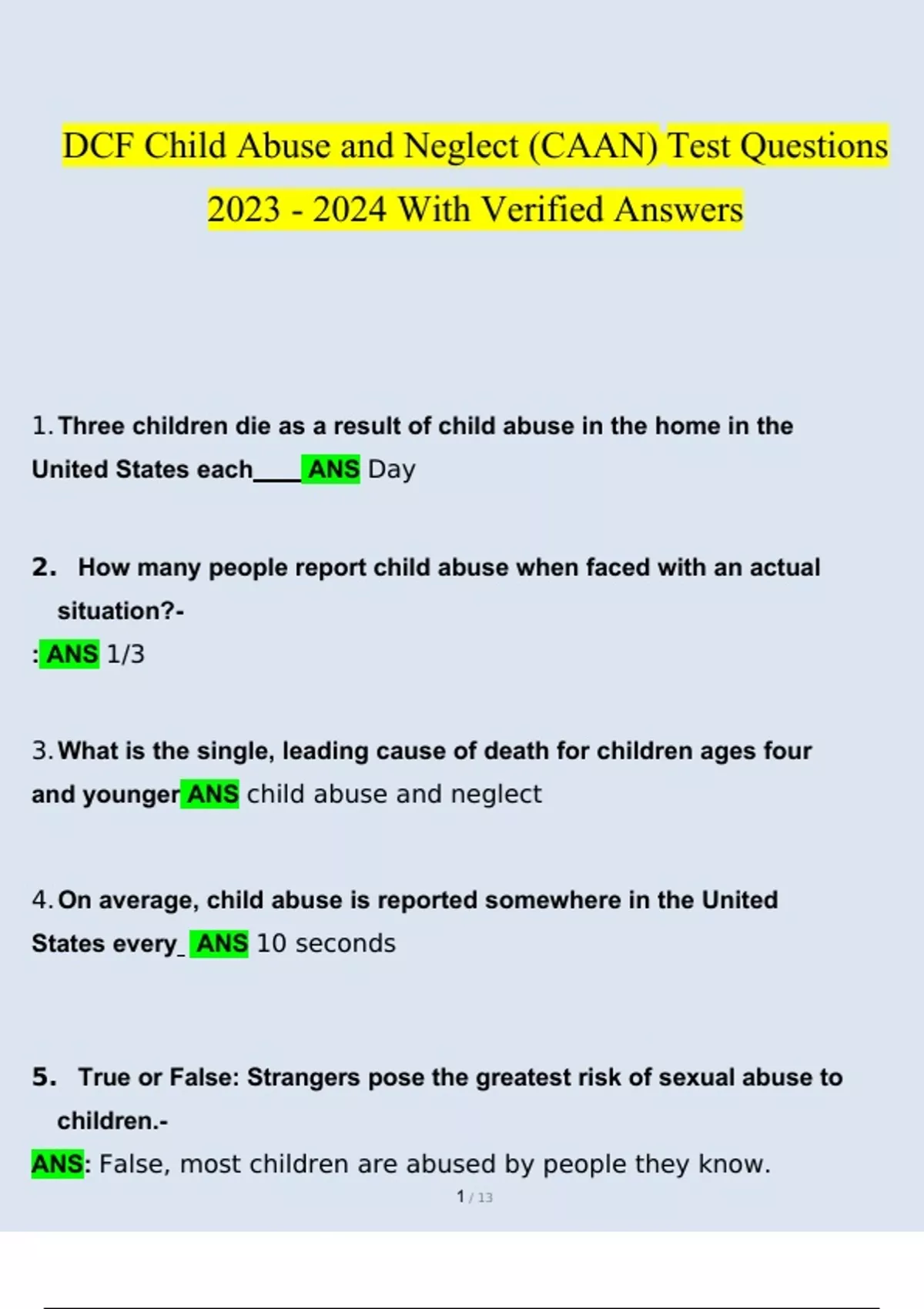 DCF Child Abuse And Neglect CAAN Test Questions And Answers 2023