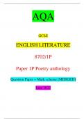AQA GCSE ENGLISH LITERATURE 8702/1P Paper 1P Poetry anthology Question Paper + Mark scheme [MERGED] June 2022 IB/M/Jun22/E3 8702/1P GCSE ENGLISH LITERATURE Paper 1P Poetry anthology Time allowed: 50 minutes Materials For this paper you must have: • an AQA