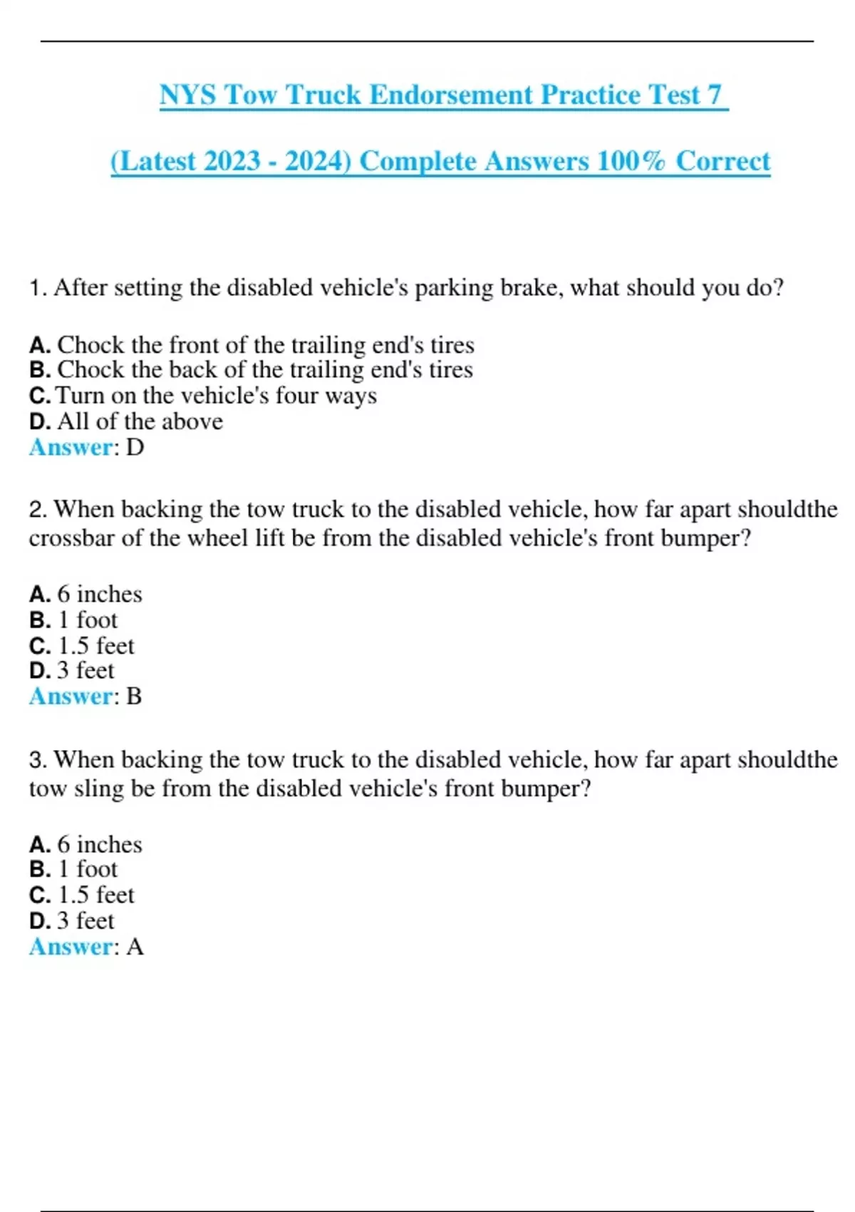 NYS Tow Truck Endorsement Practice Test 7 (Latest ) Complete Answers