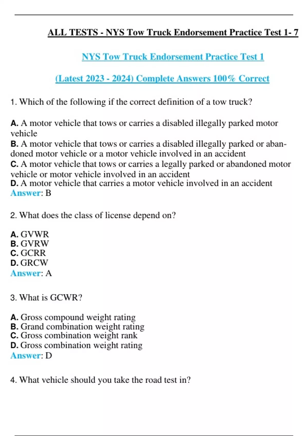 ALL TESTS NYS Tow Truck Endorsement Practice Test 1- 7 (Latest