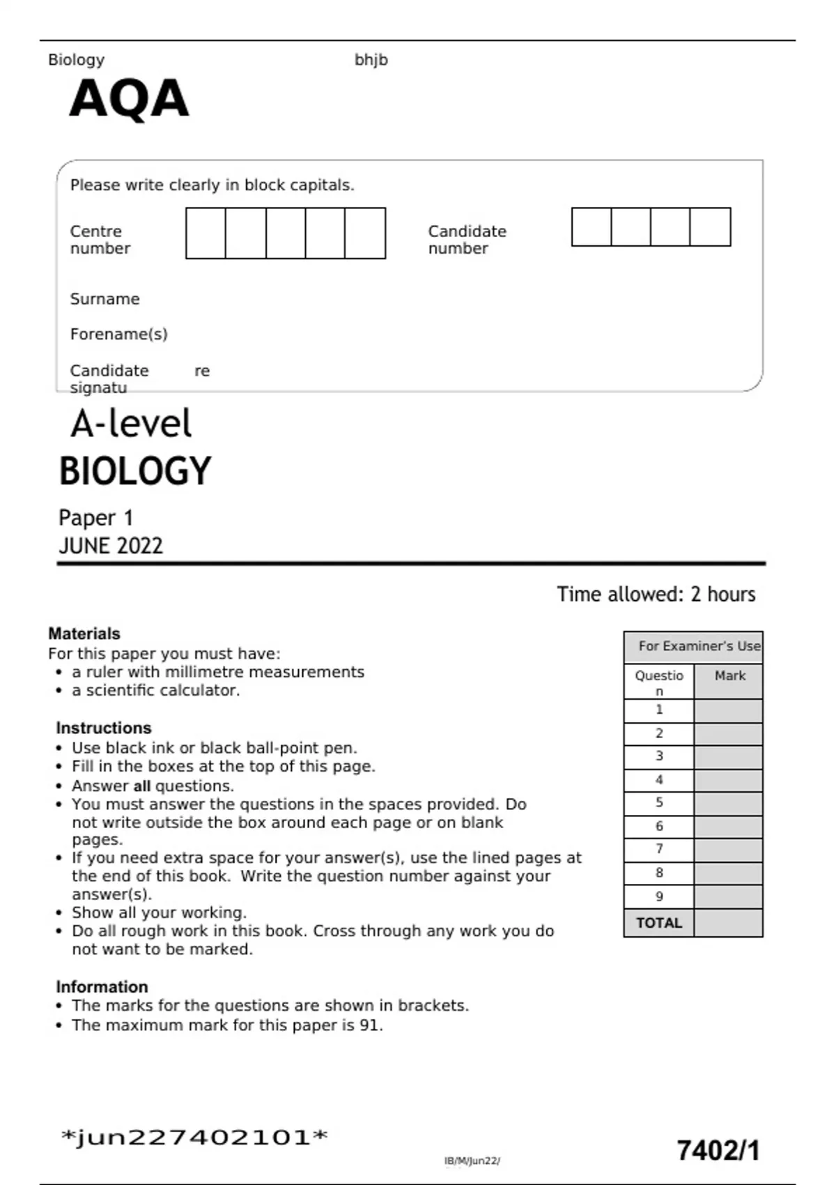 AQA A Level biology paper 1 june 2022 question paper and mark scheme ...